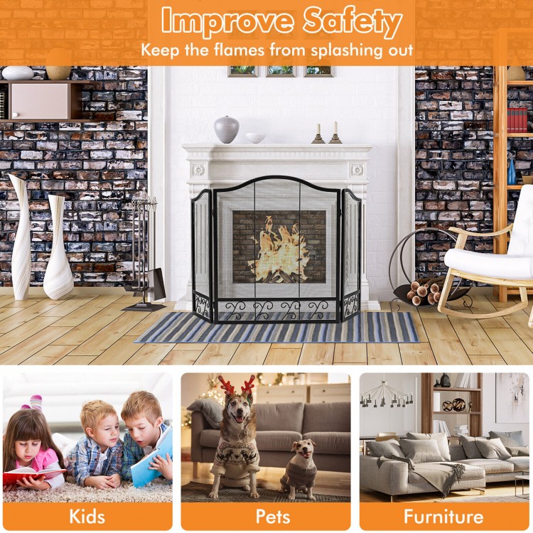 3-panel fireplace screen with decorative patterns, sturdy steel frame, and dense mesh for safety around kids and pets.